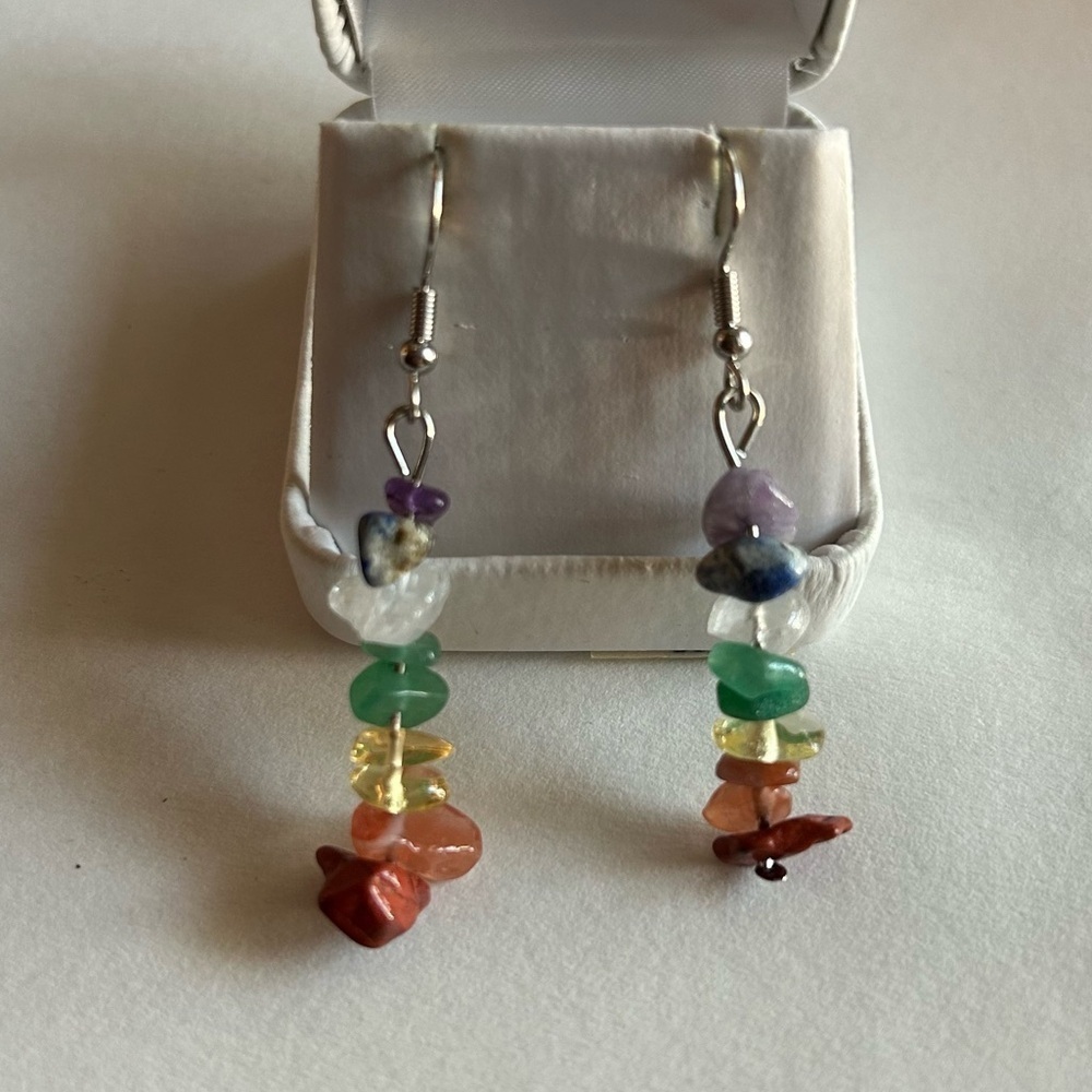 3/$20 Rainbow Multicolor Crystal Rock Ornate Silver Tone Long Dangling Earrings